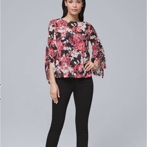 WHBM Tie-sleeve floral blouse in black with red coral- size 8P